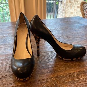Coach Alexa Black and Tan Platform Pumps, Monogrammed Heel, Size 9B